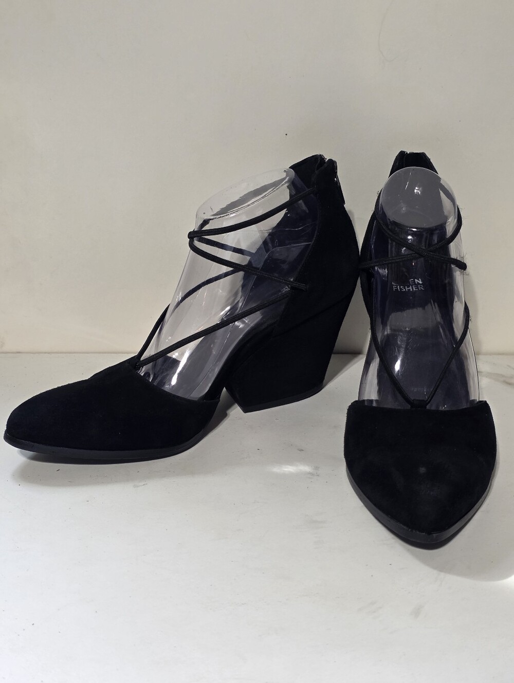 EILEEN FISHER BLACK SUEDE ROPE GHILLIE LACE BLOCK HEELS SZ 10